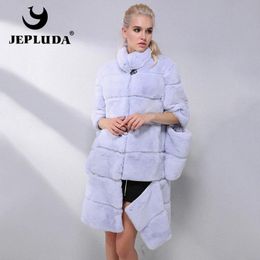 Fur JEPLUDA Elegant Women Various colors Natural Real Rex Rabbit Fur Coat Sleeve and Hem Detachable Real Fur Coat Warm Fur Jacket
