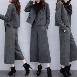 Women's Two Piece Pants Autumn Winter Fashion Sets Women Top Grade Woolen Coat Wide Leg Leisure 2024 Korean Wool Two-Piece
