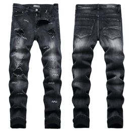 Men Jeans Letter Star AM tiny spot Men Embroidery Patchwork Ripped Sexy Romantic Wild Motorcycle Pant Mens AM3611-00 size 29-38