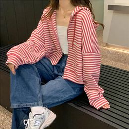 Women's Hoodies Casual Striped Women Korean Loose Preppy Long Sleeve Sweatshirts Autumn Fashion Simple All Match Short Tops