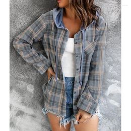 Women's Jackets MUXI Casual Hooded Top Coloured Single Breasted Unique And Elegant Chequered Shirt Jacket