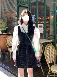 Work Dresses Korean College Polo Neck Shirt Strap Plaid Dress Two-piece Set Women Fashion Cute Bubble Sleeves Temperament Slim Autumn Suit