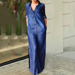 Casual Dresses Fall Spring Women Dress Loose Denim Turn-down Collar Long Sleeve Ankle Length Bohemian Commute Maxi