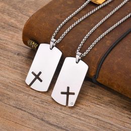 Pendant Necklaces Mprainbow Side Cross Dog Tag For Men Waterproof Stainless Steel Collar With Cubic Zirconia Box Chain 70cm