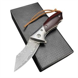 Outdoor Acid wood handle Pocket Knife Folding Damascus Steel Blade Camping EDC Knives with Sheath