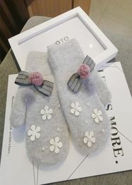 Five Fingers Gloves Winter Female Fur Blended Warm Women Handmade Woollen Camellia Flowers Cute Finger Less Mittens AGL1099001388