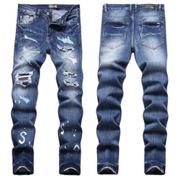 Men Jeans Letter Star AM tiny spot Men Embroidery Patchwork Ripped Sexy Romantic Wild Motorcycle Pant Mens AM3508-00 size 29-38