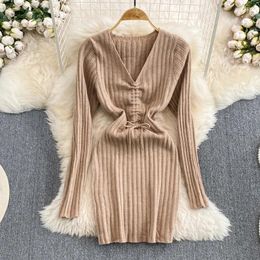 Casual Dresses Women's Autumn Dress Female Korean Style Solid Color Sexy Drawstring V-Neck Mini Knitting Long Sleeve Party Club Wear