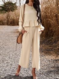 Women's Two Piece Pants Ruffle Hem Lantern Long Sleeve Pullover Tops And Wide Leg Pant Set Casual All-match Spring Autumn Women Outfits