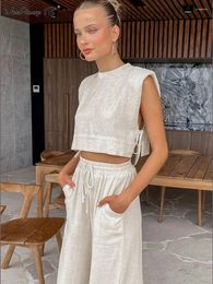 Women's Pants Summer Khaki Cotton Linen Sets Women Two Pieces Fashion Lace-Up Crop Tops Vacation Wide Legs Long Suits