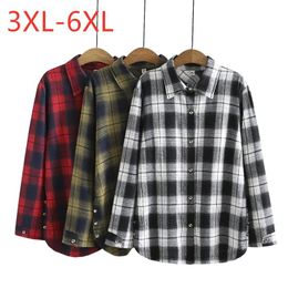 T-Shirt New 2021 Ladies Autumn Winter Plus Size Tops For Women Large Long Sleeve Loose Casual Black Plaid Cotton Shirt 3XL 4XL 5XL 6XL