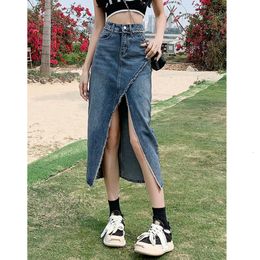 Уличная сексуальная джинсовая женская одежда 2023, летняя ретро корейская облегающая хип-пачка трапециевидной формы, однотонная женская длинная юбка с высокой талией
