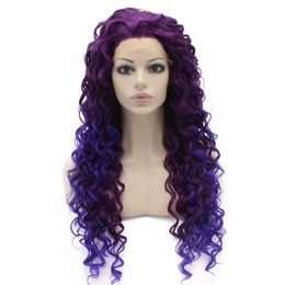 Wigs 26" Extra Long Two Tone Purple Curly Wig Heat Friendly Synthetic Hair Lace Front Party Wig