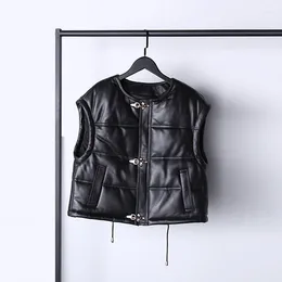 Women's Vests 2024 Autumn Winter Women Round Neck Sleeveless PU Vest Artificial Leather Gold Aircraft Buckle Quilted Down Cotton Coat Top