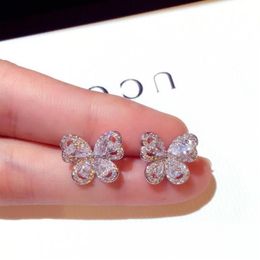 Sparkly Crystal Stud Earrings Butterfly Shape Sterling Silver Cute Unique Stud for women Wedding Bridal Ear Jewelry304Q