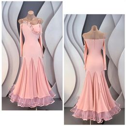 Stage Wear Professional Ballroom Dance Competition Dress Prom Pink Off-Shoulder Tango Dancing Waltz Dabce Performance Costume YS4805