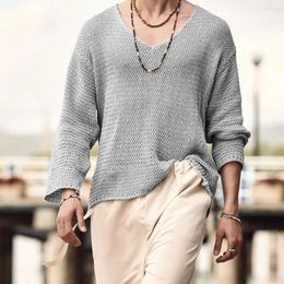 Men's Sweaters Lightweight Men Sweater V-neck Pullover With Hollow Out Knitwear For Spring Autumn Long Sleeve Solid Loose