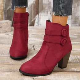 Boots Rimocy Retro Thick Heels Ankle Women 2023 Autumn Side Zipper Short Woman Double Buckle Pointed Toe High Heeled Shoes