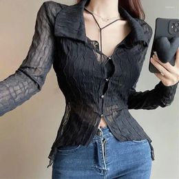 Women's Blouses Xpqbb Sexy See Through Crop Tops Woman Vintage Mesh Hollow Out Long Sleeve Shirts Women Korean Slim Button Up Chiffon Blouse