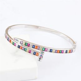 Luxury Summer Copper Rainbow CZ Round Cuff Bangles Multi Colours Crystal Charm Bracelets For Women Wedding Brand Jewellery Gifts Bang268Q