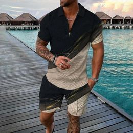 Men's Tracksuits Summer Outdoor Sets 3D Stripe Printed Polo Shirt Short Sleeve Shorts Two-Piece Set Fashion Male Streetwear Outfits