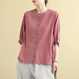 Women's Blouses 2023 Summer Arts Style Women Half Sleeve Loose Casual Shirts Single Breasted Cotton Linen Striped Vintage Blouse C145