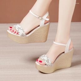 Sandals 10cm Big Small Size 32-43 Rhinestone Knit Platform Wedges Summer 2023 Women's High Heels Shoes For Model Office Party