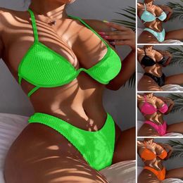 Women's Swimwear 2Pcs/Set Women Bikini With Wire No Chest Pad Solid Colour Push Up High Cut Two-piece Sexy Swimsuit For Water Activity