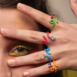 Cluster Rings Geometric Colorful Fashion Jewelry Single CZ Wrap Enamel Band Wire Women Ring Adjusted Size219o