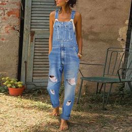 Workwear Women's Spring/summer 2023 Ripped Blue Jeans Loose Straight Jumpsuit Mom Denim Trousers Bibs Suspenders