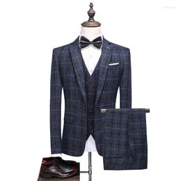 Men's Suits 2023 Three-piece Male Formal Business Plaids Suit For Fashion Boutique Plaid Wedding Dress ( Jacket Vest Pants )