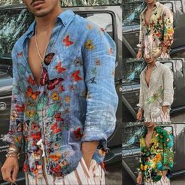 Men's Casual Shirts Mens Baroque Butterfly Printed Hawaiian Shirt Long Sleeve Beach Blouse Button Down Oversized Tee Tops Party Dress