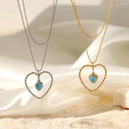 Pendant Necklaces Fashion Double Layer Love Heart Necklace Gold Plated Stainless Steel Turquoise Round Bead Clavicle Chain For Women