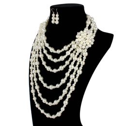 Retro Spot Wholesale Fashion Necklace With Exaggerated Earrings Set Alloy Inlaid Diamond Pearl Flower Sweater Chain