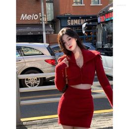 Work Dresses Women Suits 2323 Spring Autumn Korean Full Slim Single Breasted Cardigan Elastic Waist MINI Skirt 2 Piece Set