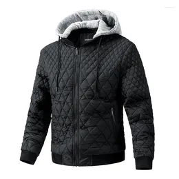 Men's Jackets Men Hooded Casual Quilted Padded Jacket For Zip Up Winter Warm Fashion Plaid Coat Windproof Outwear