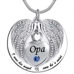 Unisex Angel Wing Birthstone Memorial Keepsake Ashes Urn Pendant Necklace 'i used to be his angle now he's mine'- 194i