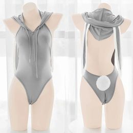 Wigs Cosplay Wigs Cute Girl Grey Bunny Bodysuit Swimsuit Cosplay Women Sexy Zipper Lingerie Rabbit Roleplay Hoodie Backless Hooded Tops