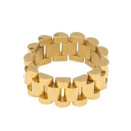Top Quality Size 8-12 Hip Hop Melody Ehsani Band Ring Men's Stainless Steel Gold Colour President Watchband Link Style Ring282f