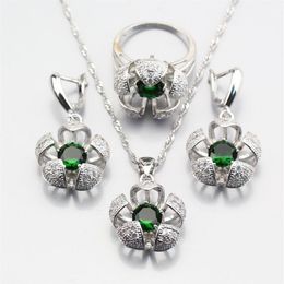 Earrings & Necklace Selling Three-Dimensional Silver Colour Green Created Emerald Flower Jewellery Sets For Women Ring 6 7 8 9 10 JS3287O