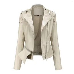 Women's Leather Rivet Slim Motorcycle Coat For Women 2023 Faux Jacket Moto Biker Zipper Beige Green Red Black XS XXS