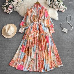 Casual Dresses 2024 Summer Fashion Colorblock Print Long Dress Women's Stand Single Breasted Vintage Lantern Sleeve Belt Runway Robe 6549