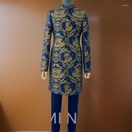 Men's Suits Floral For Men With Stand Collar Jacquard Long Jacket Pants 2 Pcs Wedding Tuxedo Grooms African Style Fashion 2024