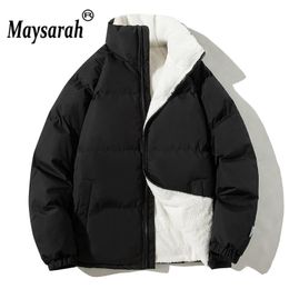 Thicken Warm Jacket Men Solid Loose Winter Coats 2023 Male Stand Collar Fleece Puffer Parkas Man Harajuku Outerwear 02A075 231229