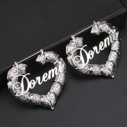 DOREMI 7cm Stainless Steel Bamboo Custom Heart Shape Earrings Customize Name Earrings Bamboo Style Custom Hoop Earrings Numbers 21308x