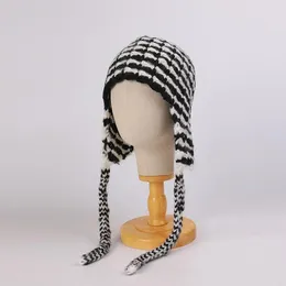 Berets 2023 Fashion Knitted Mohair Trapper Hat For Women Men Black White Stripe Winter Knit Earflap Beanie Woman Crochet Russian Bomber