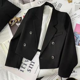 Women's Suits Lucyever Cropped Jacket Korean Fashion Double-Breasted Black Crop Blazer For Women 2024 Spring Wild Casual Outwear