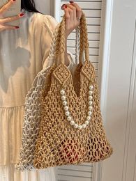 Evening Bags Brand Pearl Straw Handbags For Women Hollow Paper Woven Big Tote Summer Beach Bag Ladies Fashion Shoulder Shopper Purse 2023