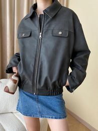 Women's Leather Vintage Oversize Jacket For Women Spring Autumn 2023 Trend Classic Lapel Design Casual PU Coat