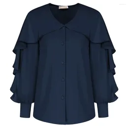 Women's Blouses BP Women Vintage Ruffle Decorated Shirt Long Sleeve V-Neck Button-up Tops Button Placket Blouse Formal